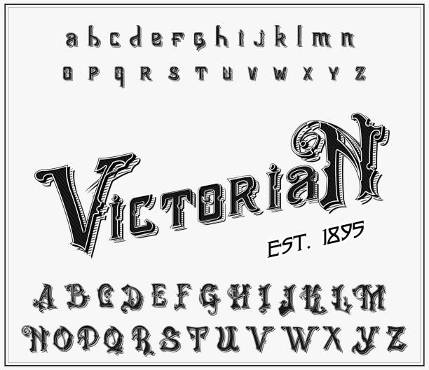 викторианский алфавит в древнем стиле. античный старый шрифт. винтажный шрифт в черных цветах, редактируемый и слоистый. ручная нарисованн� - викторианский стиль stock illustrations