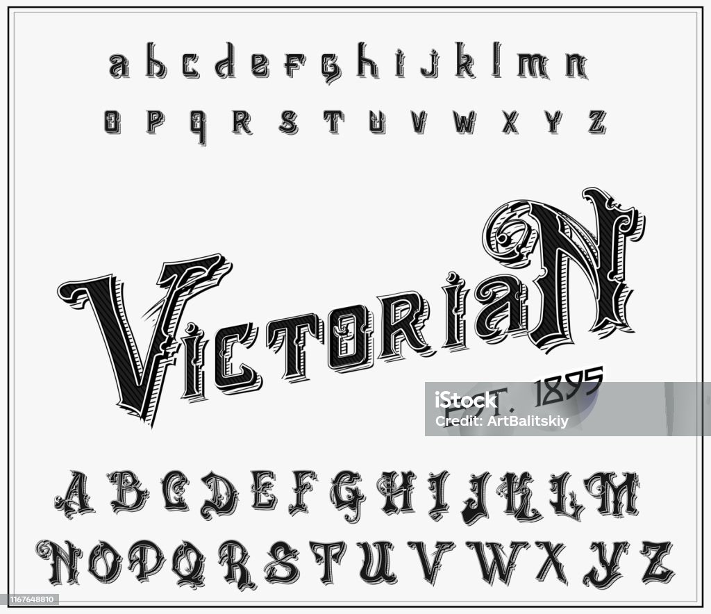 古代風格的維多利亞字母表。古董舊字體。復古字體為黑色,可編輯和分層。手繪向量現代字母 - 免版稅打字體圖庫向量圖形
