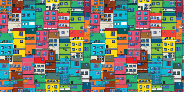 Favela pattern Urban background in colors, seamless vector pattern with Brazilian favela, slum. mural stock illustrations