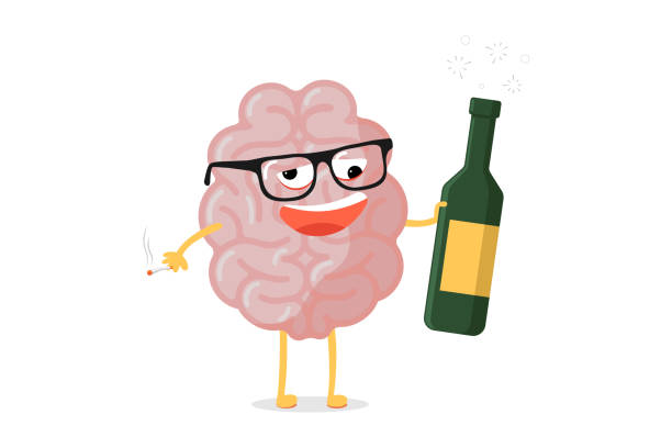 illustrations, cliparts, dessins animés et icônes de drôle de dessin animé caractère malsain de cerveau. mascotte d'organe interne d'anatomie humaine malade ivre avec la bouteille d'alcool et la cigarette. illustration de vecteur - brain human head people human internal organ