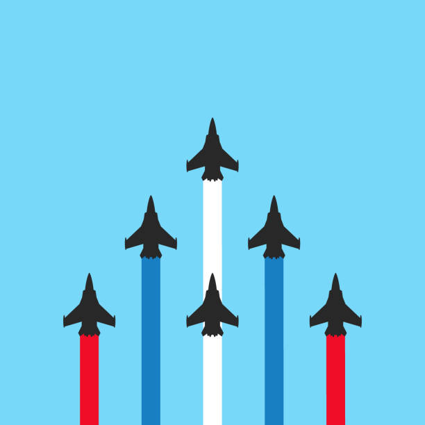 青い背景に色付きのトレイルを持つ軍用ジェット機。平面ショーイラスト - 航空ショー点のイラスト素材／クリップアート素材／マンガ素材／アイコン素材