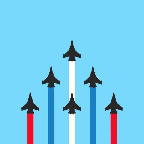 Military jets with colored trails on blue background. Plane show illustration Vector illustration flat design of military jets with colored trails on blue background. Plane show illustration air show stock illustrations