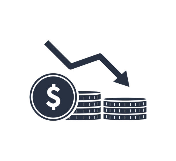 Money reduction line icon. Stacks of coins, cash, graph, arrow down. Investment concept. Vector illustration Money reduction line icon. Stacks of coins, cash, graph, arrow down. Investment concept. Vector illustration can be used for financial loss, debt, recession. Expense reduction graph. Business costs. Less Expensive stock illustrations