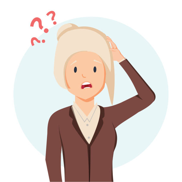 Old woman suffering from the memory loss. Confused person with question mark above. Dementia, alzheimer disease symptom. Old woman suffering from the memory loss. Confused person with question mark above. Dementia, alzheimer disease symptom. Isolated vector illustration in cartoon style. Healthcare and medicine senior adult retirement question mark worried stock illustrations