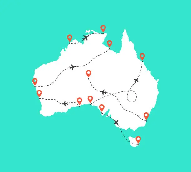 Vector illustration of Australia map with airplane flight paths on a turquoise background