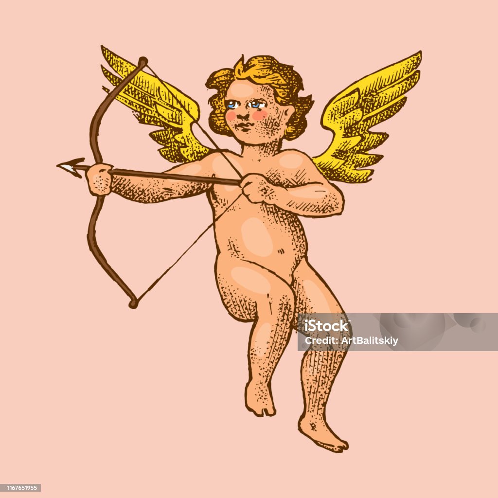 Thiên Thần Dễ Thương Cupid Nhỏ Với Đôi Cánh Trên Bầu Trời Vẽ Tay ...