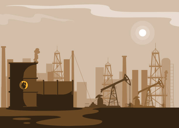 プラントパイプラインを用いた石油産業のシーン - pipe silhouette oil pump mining点のイラスト素材／クリップアート素材／マンガ素材／アイコン素材