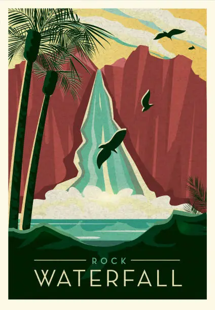 Vector illustration of Tropical Rock Waterfall cliff with birds scenic poster design with text