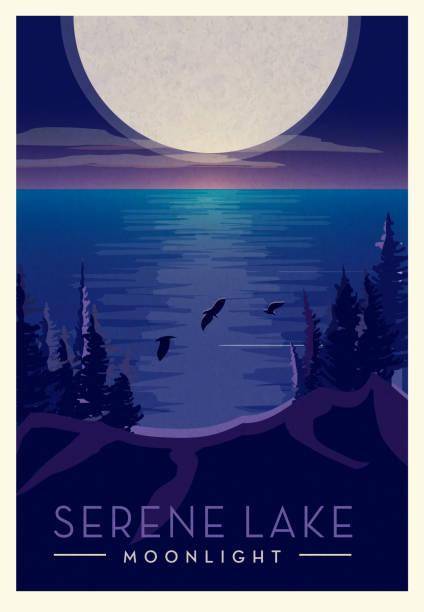 Serene night time landscape with full moon above lakebed and birds scenic poster design with text Vector illustration of a Serene night time landscape with full moon above lake bed and birds scenic poster design with text. Vintage texture overlay. Fully editable EPS 10. lakebed stock illustrations