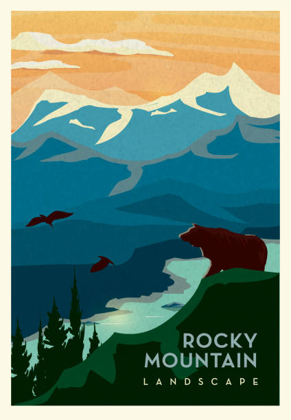 rocky mountain i urwisko z grizzly bear i łóżkiem wodnym malowniczy projekt plakatu krajobrazu z tekstem - kanada obrazy stock illustrations