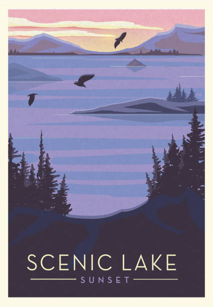 сценическое озеро с птицами и заходя солнца живописный дизайн плаката с текстом - horizon over land tree sunset hill stock illustrations