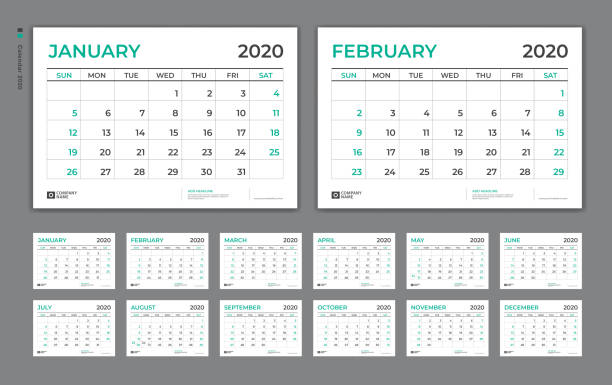 ilustrações, clipart, desenhos animados e ícones de calendário de mesa 2020 modelo, semana começa no domingo. conjunto de 12 meses. modelo de planejador. fundo verde. vetor vertical eps10 da página. - calendar page book personal organizer