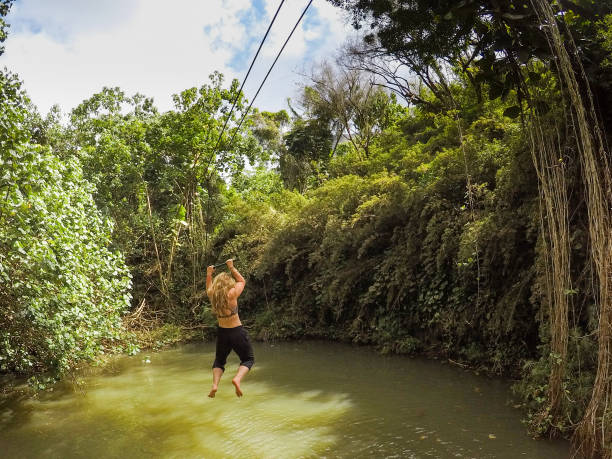 zip forro e caindo em belas piscinas da selva de cura, bela água do havaí - zip lining - fotografias e filmes do acervo