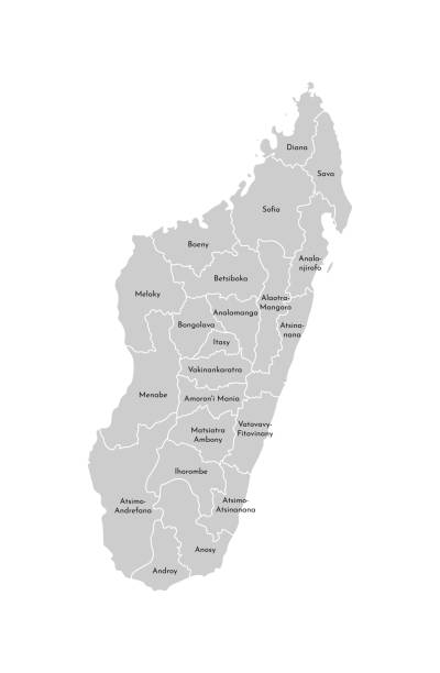 Vector isolated illustration of simplified administrative map of Madagascar. Borders and names of the regions. Grey silhouettes. White outline Vector isolated illustration of simplified administrative map of Madagascar. Borders and names of the regions. Grey silhouettes. White outline. analanjirofo region stock illustrations
