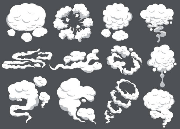 ilustraciones, imágenes clip art, dibujos animados e iconos de stock de juego de humo de dibujos animados. fumar nubes de movimiento del coche cocinando el olor a smog. nube de explosión. vector - cumulus cloud