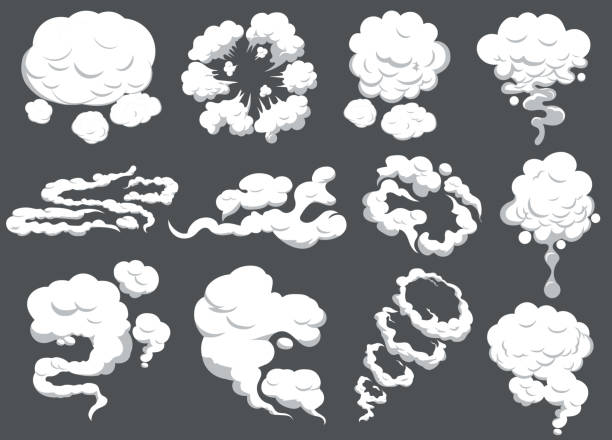 illustrazioni stock, clip art, cartoni animati e icone di tendenza di set di fumo dei cartoni animati. nuvole di movimento dell'auto fumante che cucinano l'odore dello smog. nube di esplosione. vettore - cumulus cloud