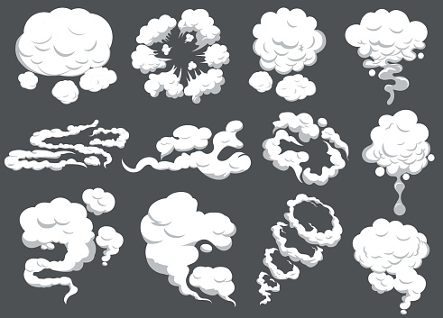 Cartoon smoke set. Smoking car motion clouds cooking smog smell. Explosion cloud. Dust puff frame, dusty bubble comic flat style. Vector