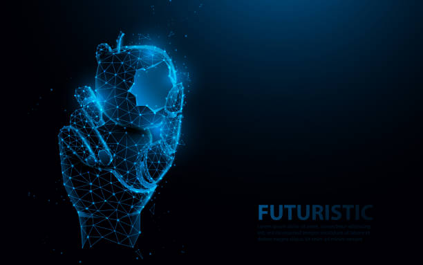 Bionic medical hand prosthesis, holding bite of apple. Metallic robot arm internal human. Future technology concept Bionic medical hand prosthesis, holding bite of apple. Metallic robot arm internal human. Future technology concept apple with bite out of it stock illustrations