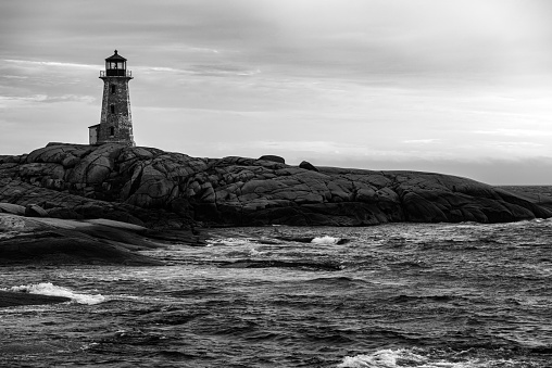 Peggy's Cove Lighthouse in black and white.