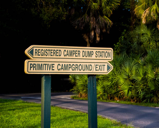 Registered Camper Dump Station and Primitive Campground Sign. Campground RV Dump Station Sign and Primitive Campground Sign.