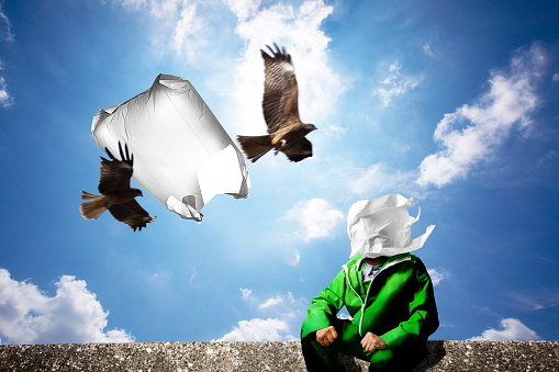 A plastic bag blown by the wind covers the fisherman's face. The background is a seabird flying in the blue sky.
Plastics become micro-plastic particles by waves and ultraviolet rays and are present in seas around the world.
Aggravated, plastic garbage and dumping and marine pollution of micro plastics.