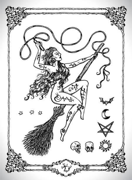 illustrations, cliparts, dessins animés et icônes de femme de sorcière sur le manche à balai d'isolement. - whip