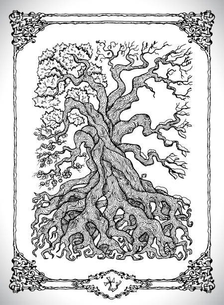 symbol von vier kalenderjahren und altem baum. - ethereal spirituality concepts ancient stock-grafiken, -clipart, -cartoons und -symbole