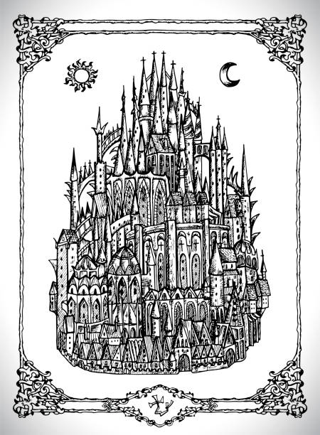 mittelalterliche burg oder stadt mit türmen. - baroque tattoo stock-grafiken, -clipart, -cartoons und -symbole