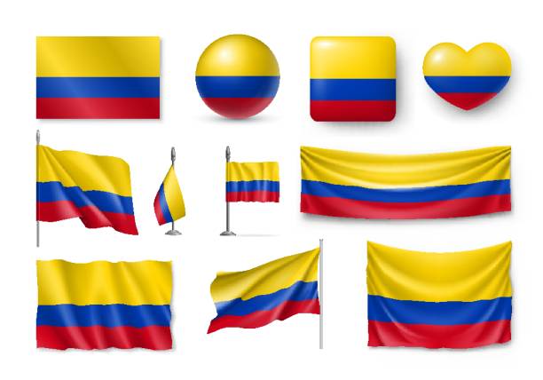 233_America_Saint Lucia Various flags of Colombia independent country set. Realistic waving national flag on pole, table flag and different shapes badges. Patriotic colombian rendering symbols isolated vector illustration. colombia stock illustrations