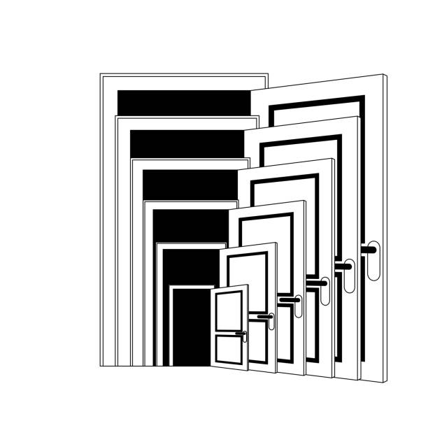 ilustraciones, imágenes clip art, dibujos animados e iconos de stock de recursión puerta abierta aislada. ilustración vectorial de puertas repetidas - recursive