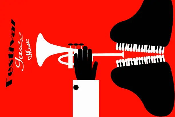 Vector illustration of Jazz festival poster. The piano in the form of a person who plays the trumpet. Vector illustration.