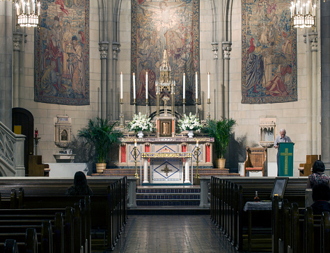 New York, New York/USA - June 11, 2019: Alter inside Roman Catholic Church of the Blessed Sacrament in Manhattan.