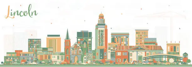 Vector illustration of Lincoln Nebraska City Skyline with Color Buildings.