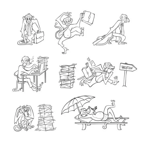 Vector illustration of Monkey office worker set with overworked and relaxing on beach furry animal in black and white line sketch.