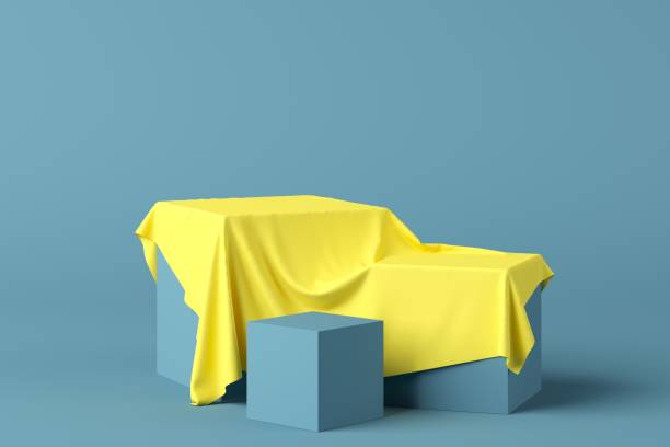 istock Abstract geometry shape blue color podium with yellow fabric on blue background for product. minimal concept. stock photo 1167691101
