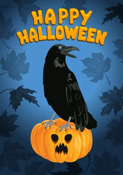 Vector illustration of Black Witch Crow sitting on Halloween pumpkin. Vector illustration in cartoon style flat. Design for poster, banner, invitation.