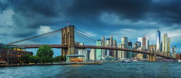 istock View to Manhattan skyline from Brooklyn Bridge Park Dumbo before thunderstorm. 1167692901