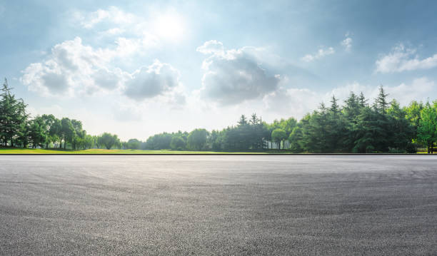 pista de asfalto y bosques verdes paisaje natural - traffic car street parking fotografías e imágenes de stock