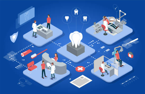 Dentistry isometric template with different stages of medical care in stomatology on blue background isolated vector illustration. Dentistry isometric template with different stages of medical care in stomatology on blue background isolated vector illustration dental office stock illustrations