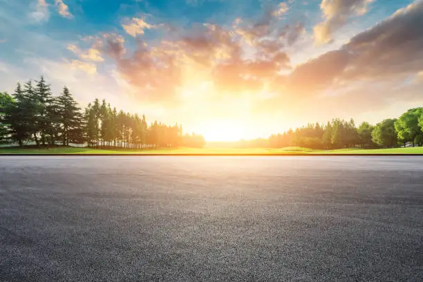 Photo of Race track and green woods nature landscape at sunset