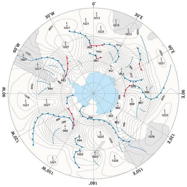 imaginary weather map Antarctica with isobars and weather fronts imaginary weather map Antarctica with isobars and weather fronts south pole stock illustrations