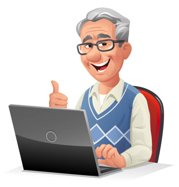 Senior Man Using Laptop Vector illustration of senior man with gray hair and glasses sitting at a desk working on a laptop, gesturing thumbs up- isolated on white. Concept for elderly people and technology, active seniors, the internet, retirement, communication, computer training and online shopping. old person cartoon stock illustrations