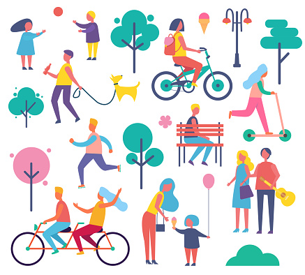 Park full of people isolated icons set vector. Male and female resting, children playing with ball, mom and child eating ice cream. Bikers on bicycles