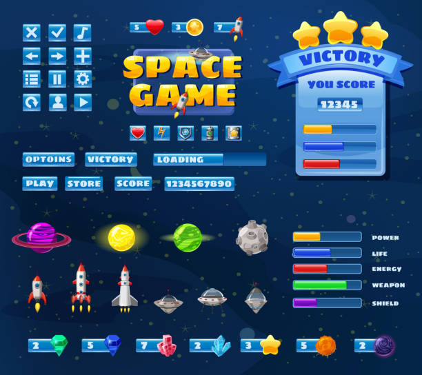 Big set buttons icons elements for Space game cartoon casual games and app. 2D video game UI kit icon for mobile games and background. Graphical user interface, GUI, menu. Vector isolated Big set buttons icons elements for Space game cartoon casual games and app splash screen stock illustrations