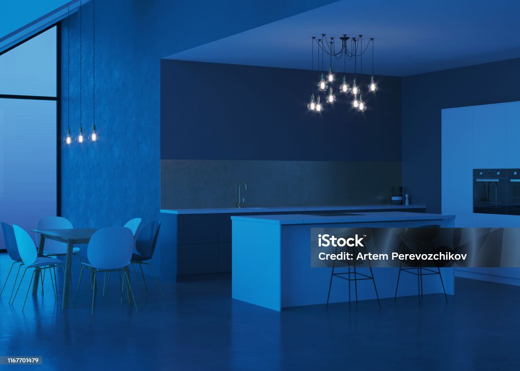 Night. View Interior Rendering Modern House Interior Night Evening Lighting 3d Rendering Stock Photo ...