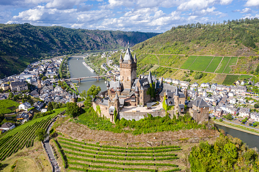 Cochem Imperial Castle, Reichsburg Cochem, reconstructed in the Gothic Revival style protects historic Cochem town on left bank of Moselle river and Cond, Cochem-Zell, Rhineland-Palatinate, Germany.
