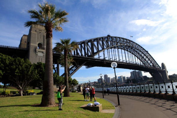 Sydney, New South Wales, Australia, April 21, 2017: Photographer is Photographing a Group of Tourists in the background is the Sydney Harbor Bridge, if you look closely a group is climbing the arch of the Bridge.