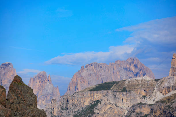 Summer landscape. Beautiful view of Glacier Marmolada mountain from resting point on path from Fedaia pass to pass Pordoi in Dolomites, Northern Italy. Summer on the mountain Arabba.