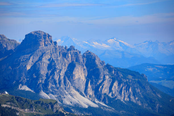 Summer landscape. Beautiful view of Glacier Marmolada mountain from resting point on path from Fedaia pass to pass Pordoi in Dolomites, Northern Italy. Summer on the mountain Arabba.