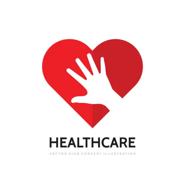 Vector illustration of Red heart and human hand concept business icon design. Love creative sign.